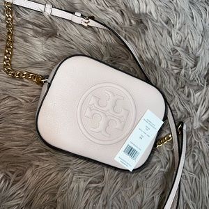 Tory Burch Double T Round Logo BOMBE shell pink Crossbody Bag